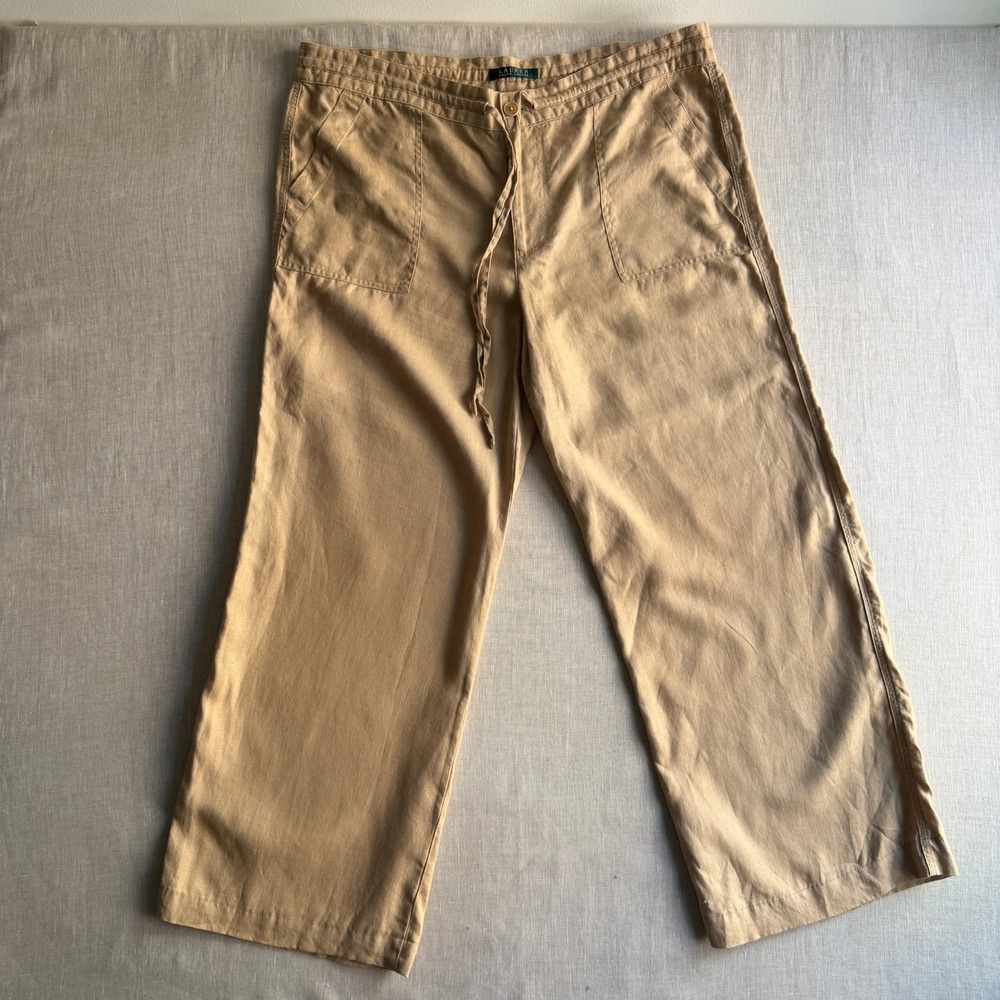 Lauren Ralph Lauren Linen Wide Leg Pants Tan 14 Relaxed Coastal